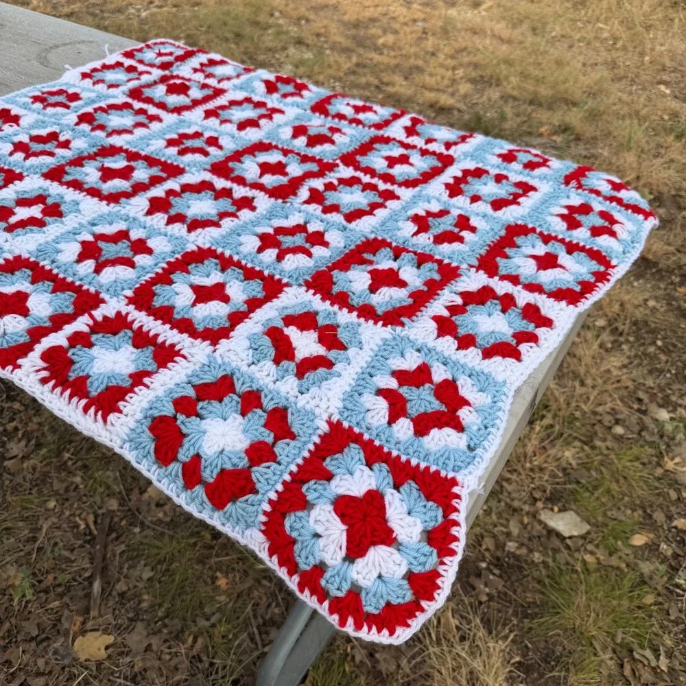 Handmade Crochet Granny Square Blanket Red White Blue Throw 39x33 Cottagecore